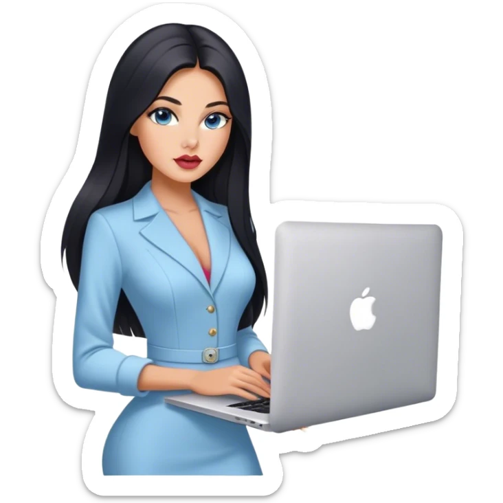 Glamours tanned very beautiful girl with pump slightly rose/nude lips and black straight smooth long hair, blue-grey eyes in beautiful clothing with MacBook. sticker
