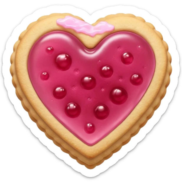 Realistic shortbread cookie in the shape of a heart with pink jelly sticker