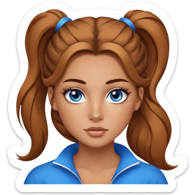 Attractive Woman with tan skin, baddie style, blue eyes, wide face, freckles, and a long voluminous ponytail and dark eye makeup sticker