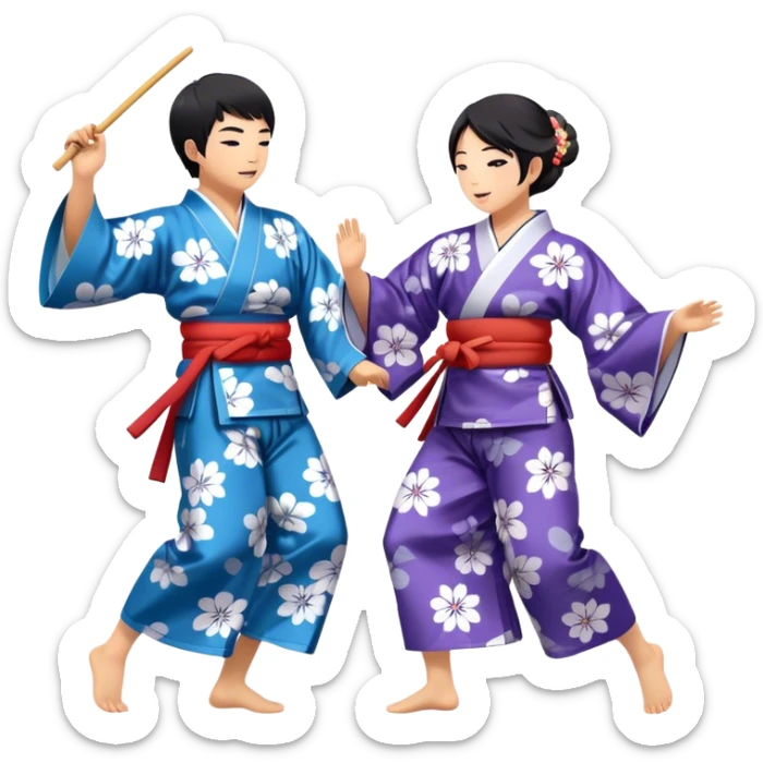 Cinematic Realistic scene of two performers engaging in Bon Odori, dressed in traditional yukata with intricate summer patterns, captured in graceful, rhythmic motion with warm, festive lighting sticker