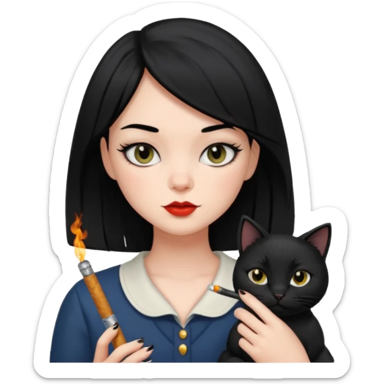 Girl with black hair and black eyes smoking with her cat sticker