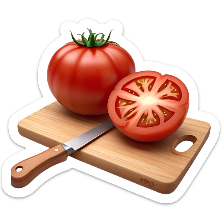 Cinematic juicy ripe tomatoe, deep red, slightly dewy, arranged on a wooden cutting board, soft glowing background, rich and flavorful. sticker