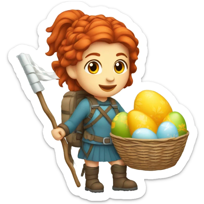 red hair female winter mountaineer with Greek flag and easter basket sticker