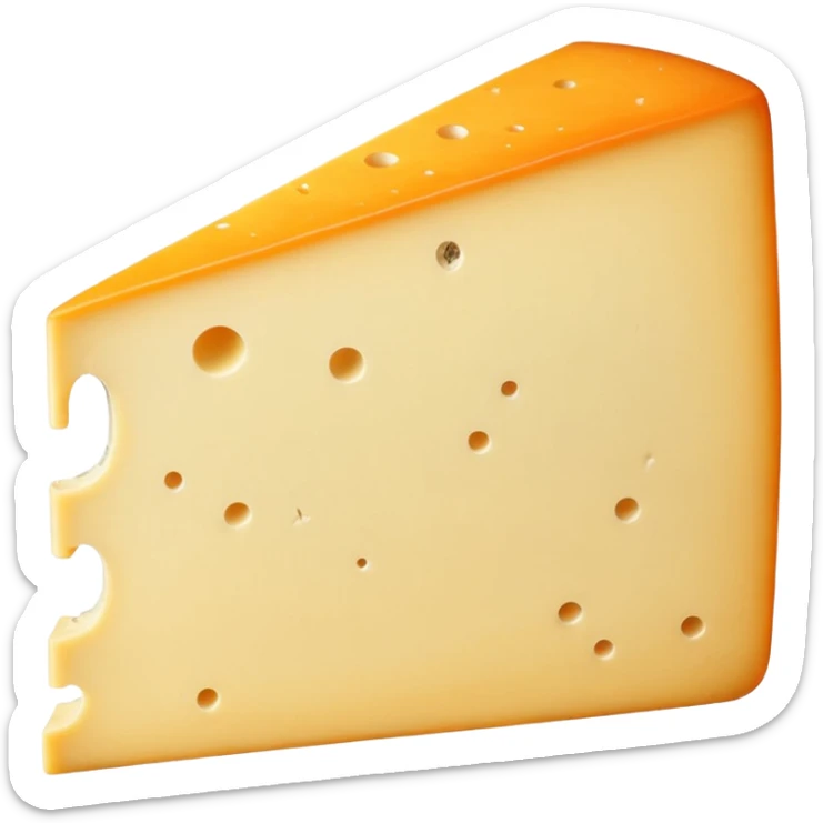 wedge of Saint-Nectaire cheese with orange-gray washed rind, creamy pale yellow inside, smooth supple texture, small holes, gentle sheen, rind with subtle aging marks, soft lighting, subtle shadows, emoji scale sticker