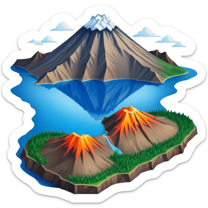Changbai Mountain with crater lake Jilin, simplified emoji style with bold outlines and bright colors, cartoon style volcano with blue lake inside sticker