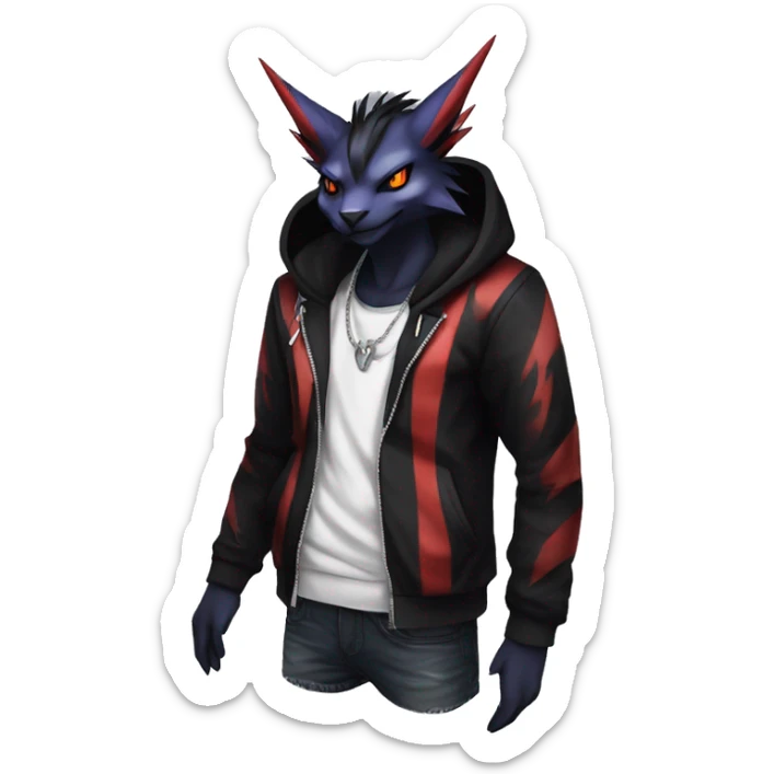 Cool Anthro Black Noivern-Absol-Litten-Pokémon with edgy stripes hoodie spiked collar punk Full Body sticker