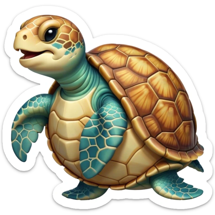 Cinematic Cute Yawning Sea Turtle Portrait Emoji, Head tilted slightly with a dramatic, wide-open yawn, showcasing a stately, patterned shell and a smooth, aged body with sleepy, half-closed eyes, Simplified yet irresistibly adorable features, highly detailed, glowing with a soft, cozy oceanic glow, high shine, relaxed yet expressive, stylized with a dash of whimsical marine charm, soft glowing outline, capturing the essence of a drowsy yet affectionate sea turtle that appears ready to stretch out for a nap! sticker