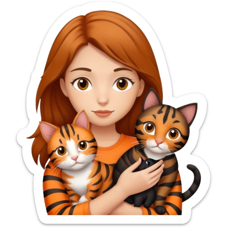 tan brown-haired girl holding two cats, one black cat and one orange tiger-striped cat sticker