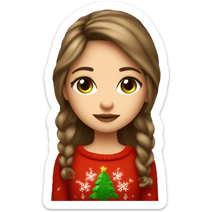 thoughtful-highlight-skin-brown-long-hair-girl-with-green-eyes-in-red-cute-Christmas-sweater sticker