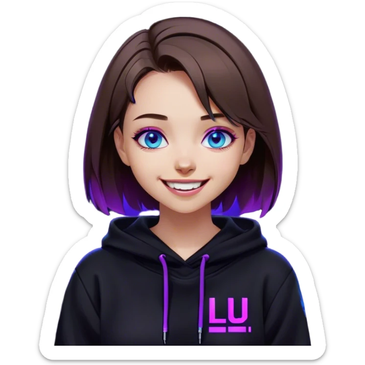 brown haired girl with a bob and blue eyes wearing black hoody with violet letters "Lu", laughs. Cyberpunk style. Violet neon. sticker