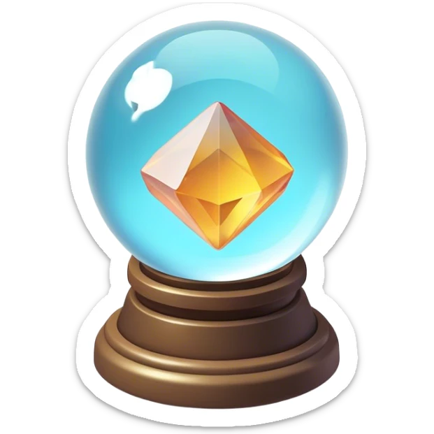 Clash of Clans aesthetic: Cinematic Playful 3D Isometric Crystal Ball Emoji, rendered in a 3D vector-style similar to standard emojis with minimal shading and bold, simplified shapes. A compact, distinct form with signature details, softly glowing with a fantasy RPG magic charm. Simplified yet unmistakably iconic, highly detailed and consistent, glowing with a soft radiance and high shine. Stylized with a touch of heroic grandeur and a soft glowing outline, capturing the essence of a beloved gaming relic with a friendly, playful manner! sticker