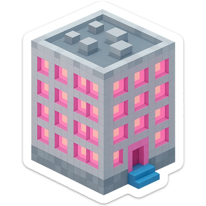 Russian panel apartment building, compact square block, light gray, pink glowing windows, isometric view sticker