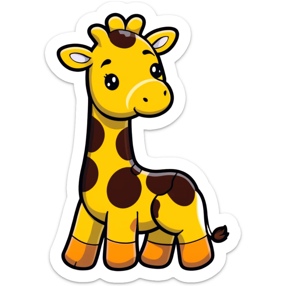 A cartoon wooden puzzle giraffe toy with a sweet face and visible puzzle pieces sticker