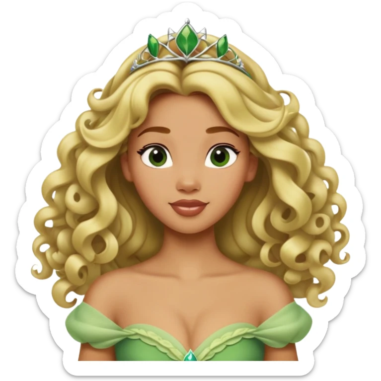 Disney Princess Tiana with extremely long blonde curly hair, green dress sticker