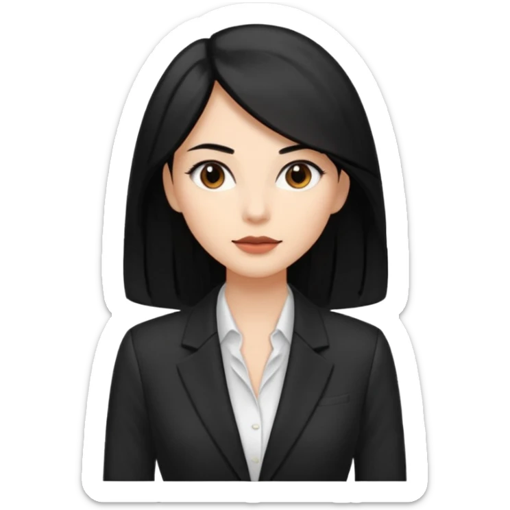a woman with office outfits her hair is long black hair, her eyes are soft brown color and the color of her lip is soft brown sticker
