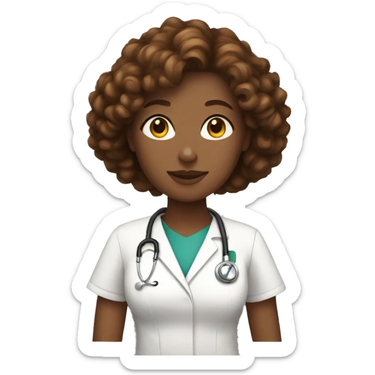White nurse woman with curly brown hair wearing a cape sticker