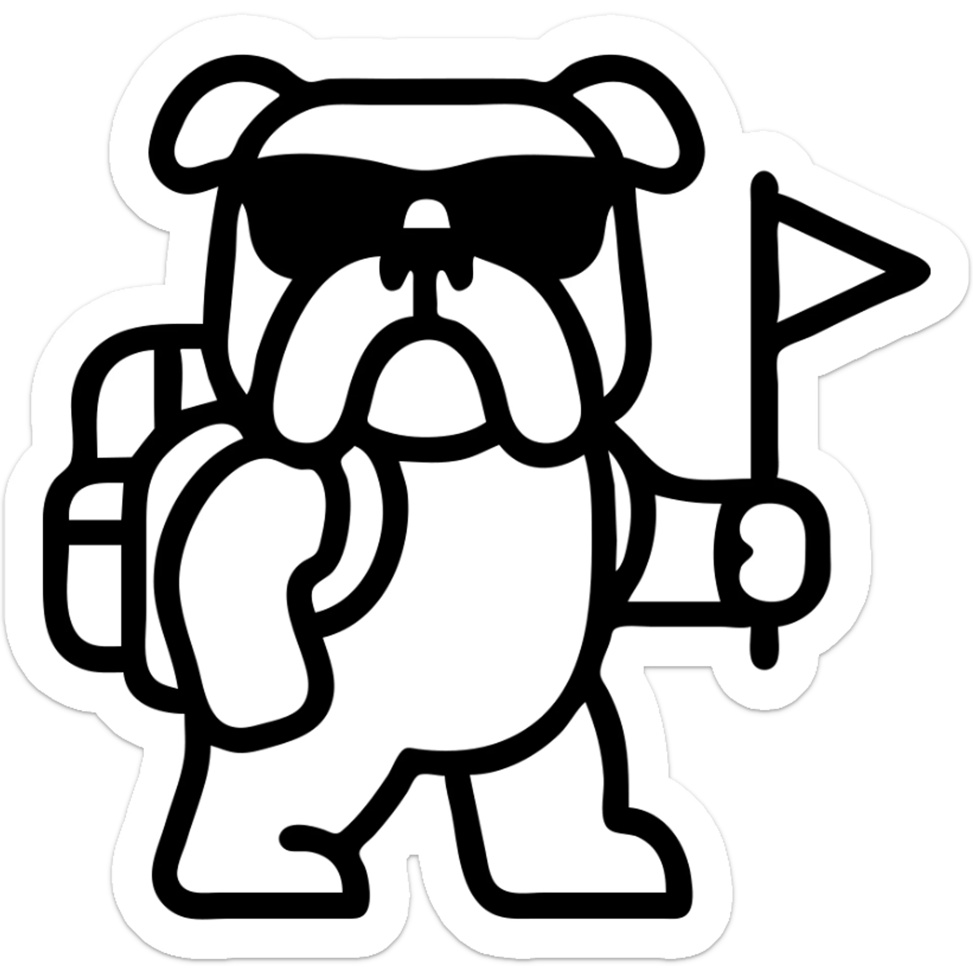english bulldog as a tour guide icon style, with a backpack and sunglasses sticker
