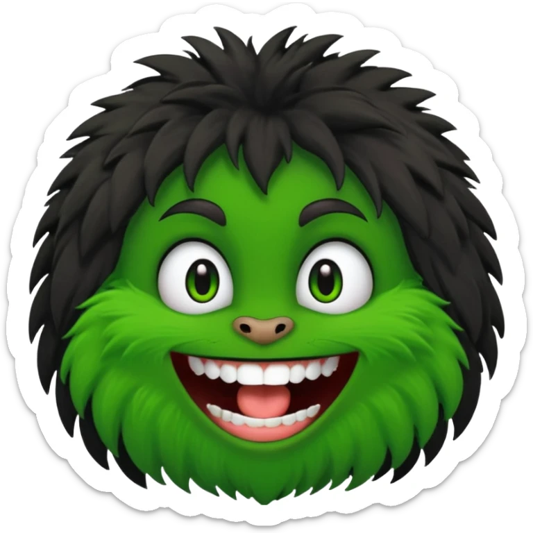A bald person with green sclera and green teeth, grinning widely. Has fluffy black neck fur, with a fluffy black body sticker