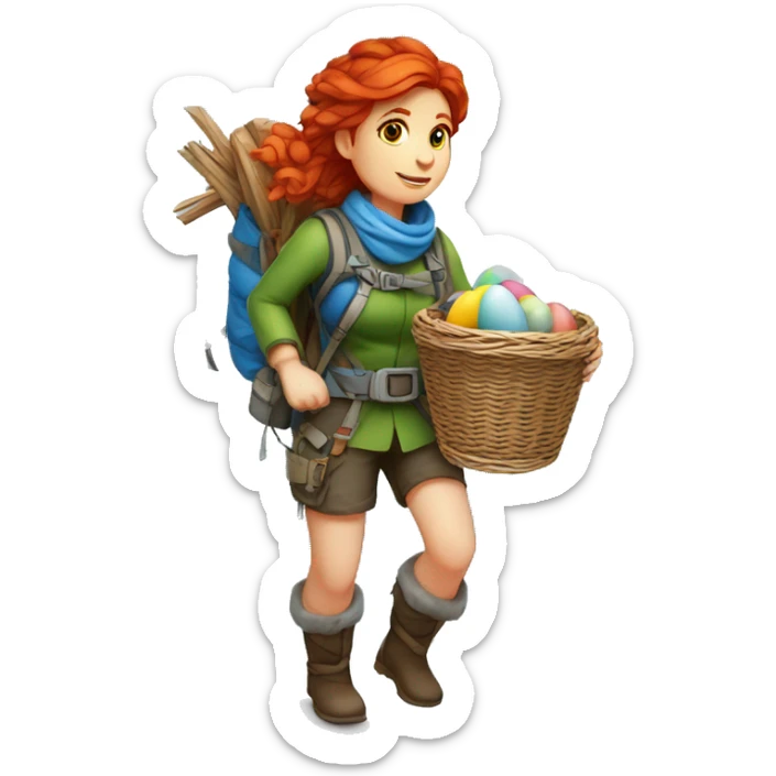 red hair female winter mountaineer climbing with Easter eggsbasket and Greek flag sticker
