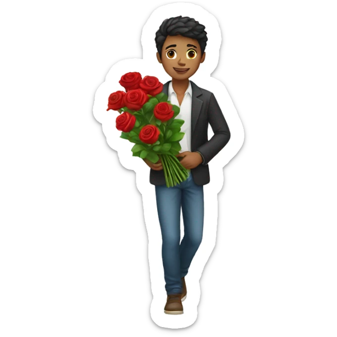 Young man with social cloths carrying a bouquet of red rose flowers sticker