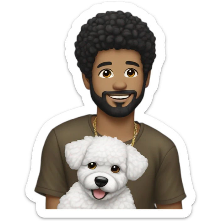 young-rapper-with hoop-white skin-black hair-beard-bichon dog-white-smile sticker