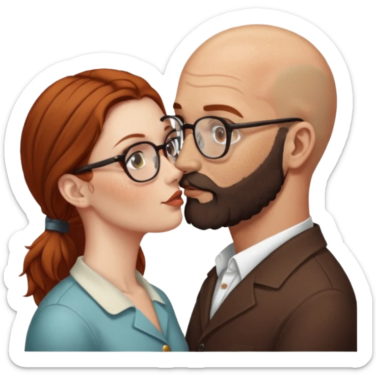 Couple. Bald man with dark brown-black beard. White woman with many small, faded freckles, she has white skin and she has auburn-brown-cinnamon, dark long hair. She has light brown eyes. The man have hazel eyes and glasses. Retro style. She kisses him. sticker