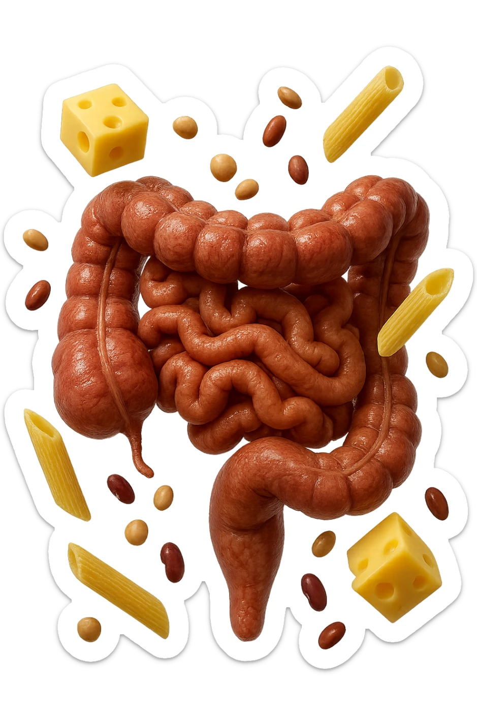 PEZZETTI DI EMMENTAL, PENNE DI PASTA RIGATE E LEGUMI FLUTTUANO INTORNO AD UN INTESTINO UMANO ANATOMICO REALISTICO, iperrealistico 4k sticker
