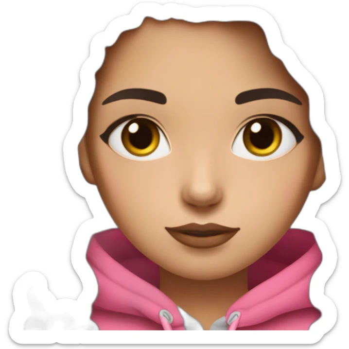 Women with long wavy dark brown hair and long eyelashes dark brown eyes with pink cheeks and pink lips and thick dark brown eyebrows wearing a hoody sticker
