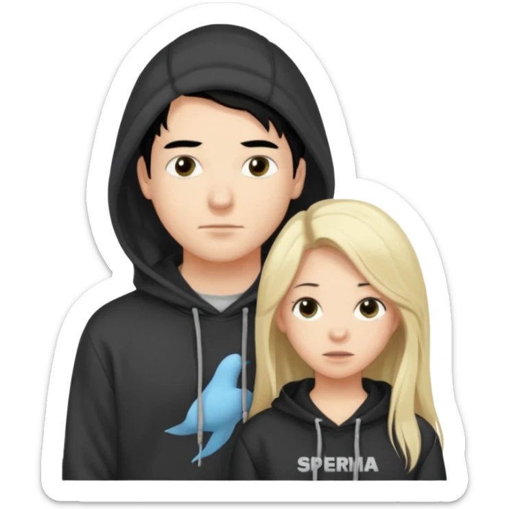I want it to be this emote 🙍‍♂️
of a guy with black hair and a black sweatshirt with the word "sperma" written in white in the middle. Behind him, there's a pretty blonde with long hair, pulling the string on the first person's hoodie. The girl is wearing a gray sweatshirt. sticker