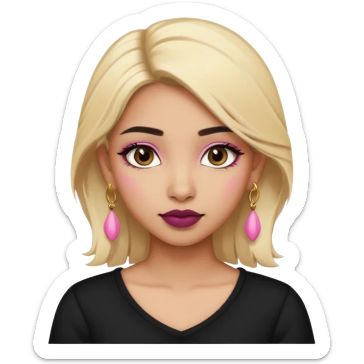 Sweet Indian girl blonde hair darkbrow  eyes brown lipstick, pink blush, black top gold earrings, brown eyebrows  sticker