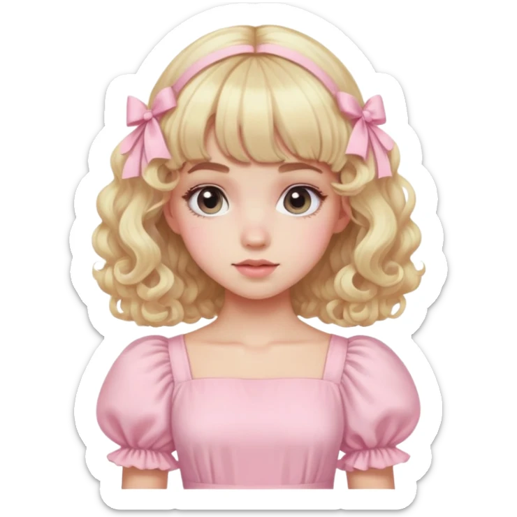 Blonde, pale girl with bangs and curly hair and a pastel pink puff sleeve dress sticker