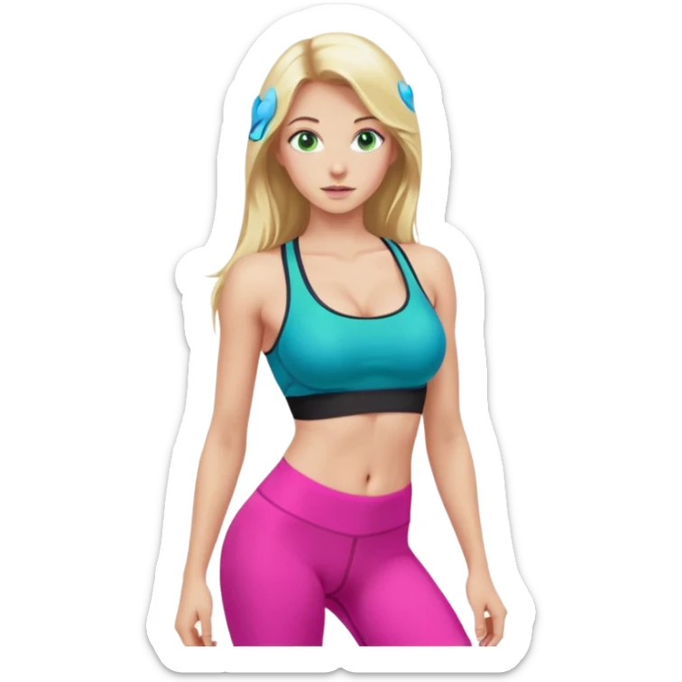 Long Blonde very small waist hourglass really big boobs green blue eyes black gym tights skinny face bright pink sports bra sticker