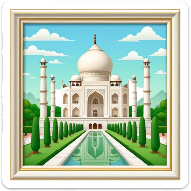 Cinematic Realistic Taj Mahal Landmark Emoji, depicted as the iconic marble mausoleum set amidst lush gardens rendered with intricate detail and ethereal, soft lighting. sticker