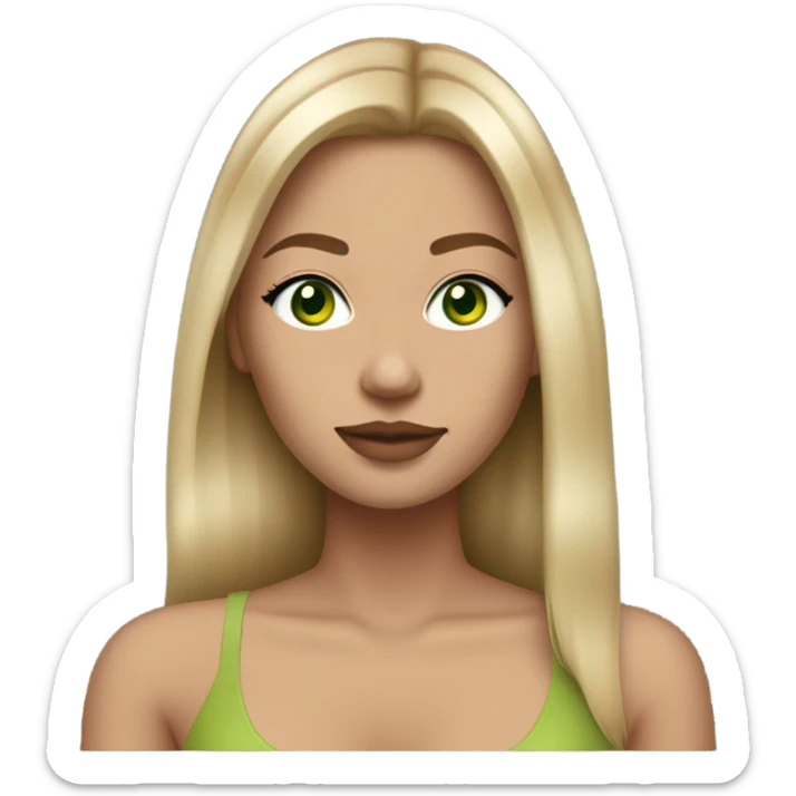 light tan skin, high cheekbone, solo dark blonde girl with green eyes, medium bust, long blow out hair, baddie, middle part, sultry sticker