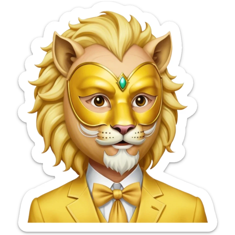 a old man, with a Yellow suit,  wear half-face golden Lion masquerade mask sticker
