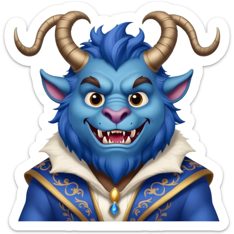 The Beast from Beauty and the Beast, furry blue monster with horns and fangs wearing elegant royal clothes sticker