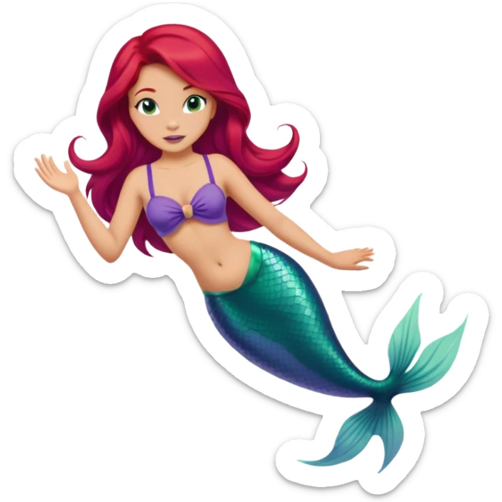 Disney Ariel mermaid with red hair swimming, green fish tail, purple top sticker