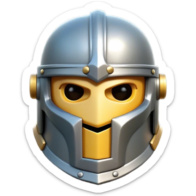 Clash of Clans aesthetic: Cinematic Playful Steel Helm Emoji, rendered in a 3D vector-style similar to standard emojis with minimal shading and bold, simplified shapes. A compact, isometric helmet crafted of shining steel with intricate engravings and a protective visor, softly glowing with a noble warrior charm. Simplified yet unmistakably iconic, highly detailed and consistent, glowing with a soft radiant gleam and high polish. Stylized with a touch of chivalric tradition and a soft glowing outline, capturing the essence of a stalwart battle helm with a friendly, playful manner! sticker