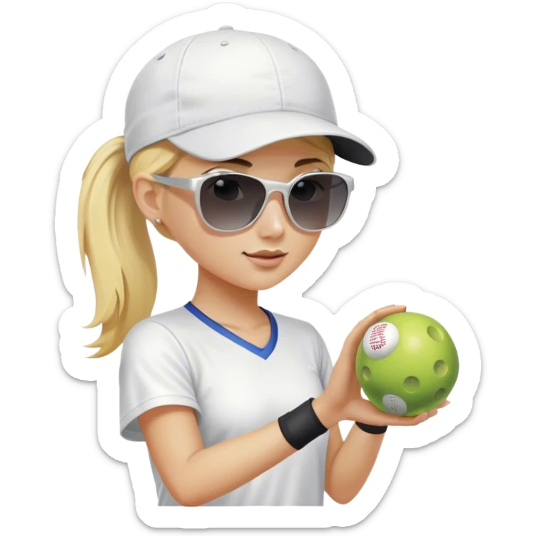 Girl with blond hair in a ponytail wearing a white baseball cap and sunglasses holding a  pickleball sticker