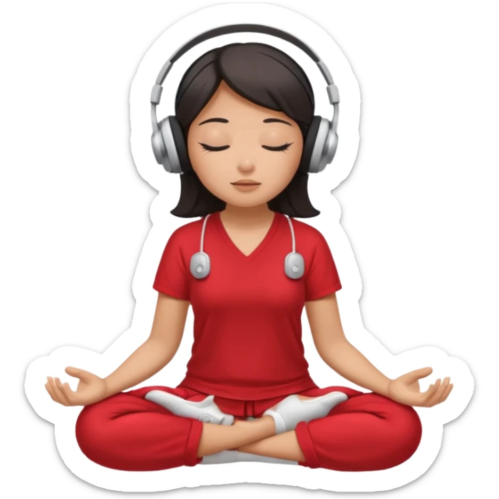 An East Asian woman🧘🏻‍♀️ is sitting cross-legged in a meditation pose, wearing Apple headphones🎧 and listening to music. The song is so beautiful that she has her eyes closed and tears streaming down her face. sticker