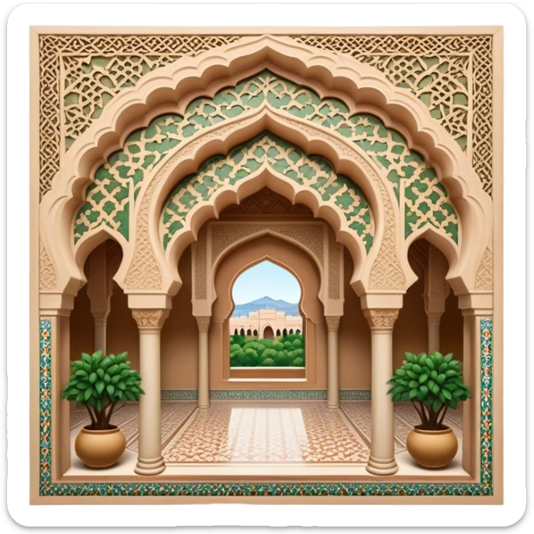 Alhambra – Cinematic Realistic Alhambra, depicted as a majestic Moorish palace with intricately carved arches, lush courtyards, and detailed tile work, bathed in soft golden light and dynamic shadows that highlight its opulent historical beauty. sticker