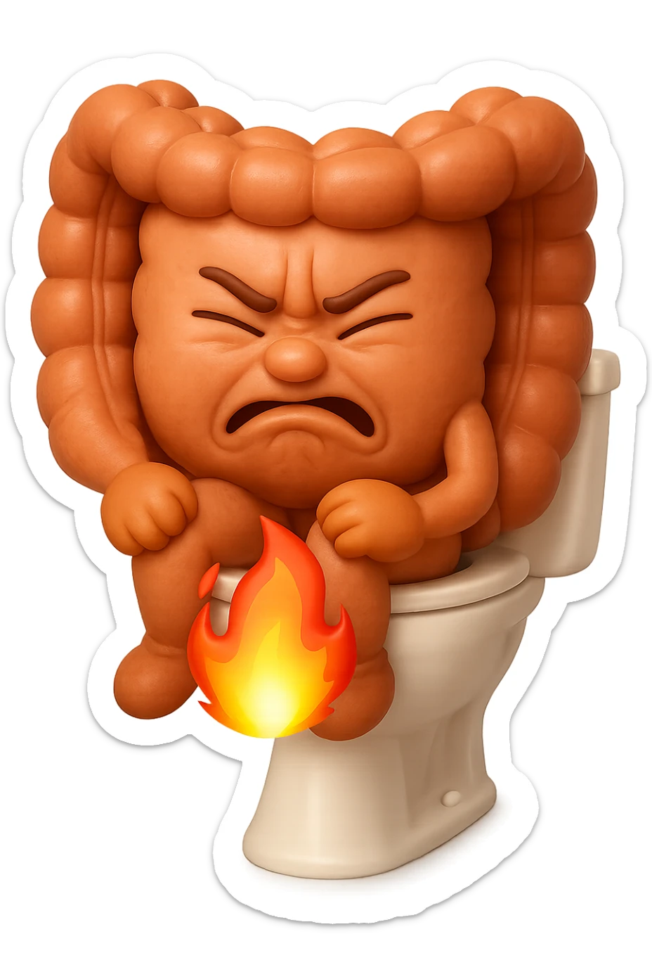 SU QUESTO STILE FAI UN EMOJI STILE IPHONE 3D DI UN INTESTINO CHE sta seduto sul wc e dal wc in mezzo alle sue gambe esce una fiamma stile emoji iphone, FAGLI UN ESPRESSIONE di dolore mentre si sforza E FALLO MOLTO REALISTICO IN 3D sticker