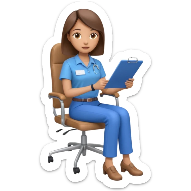 Generate an emoji of a female AI ethicist in blue shirt brown pant sitting in a chair and has a checklist stating AI ethics elements like stop bias, fairness score. I want 3d figurine sticker