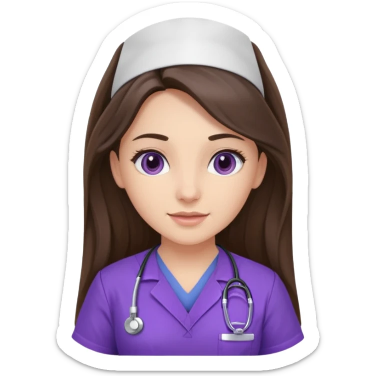 pretty brunette nurse with long hair in purple scrubs sticker