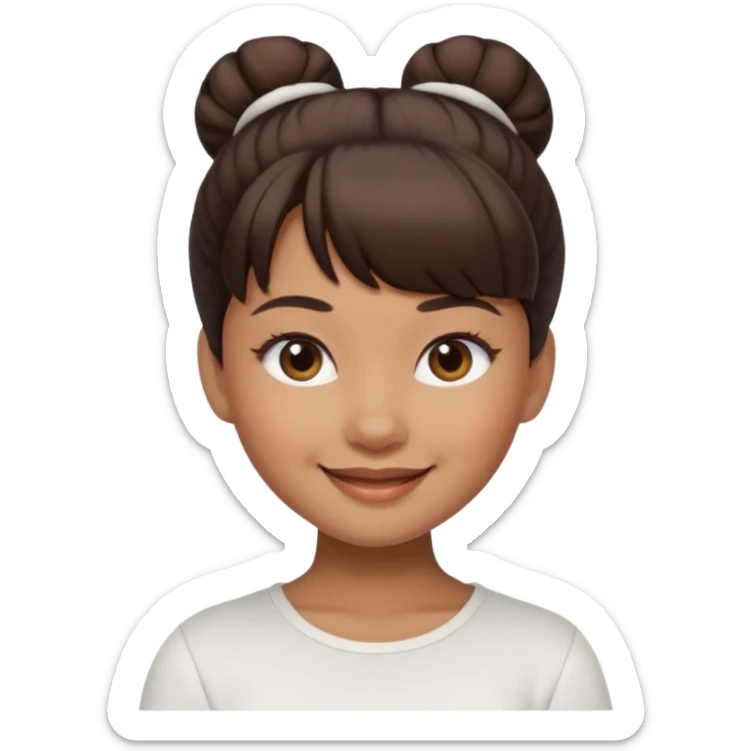 In Apple Memoji format, a girl with dark brown hair. She has bangs and her hair is in a singular high bun. The girl is arab and has light brown skin. She is wearing a white shirt sticker