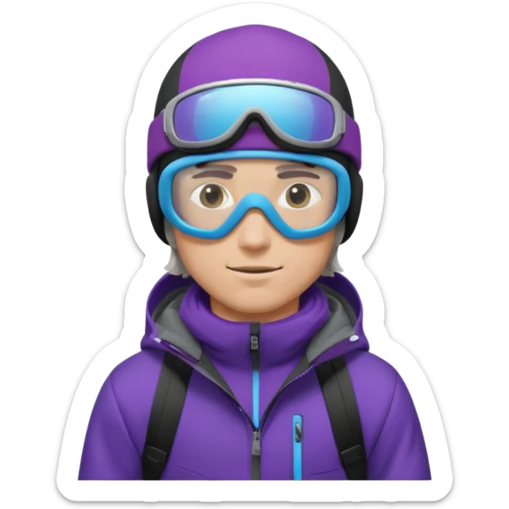 male Pro Snowboarder with white and grey beanie, ONE pair of purple and blue frameless goggles on and a black jacket sticker
