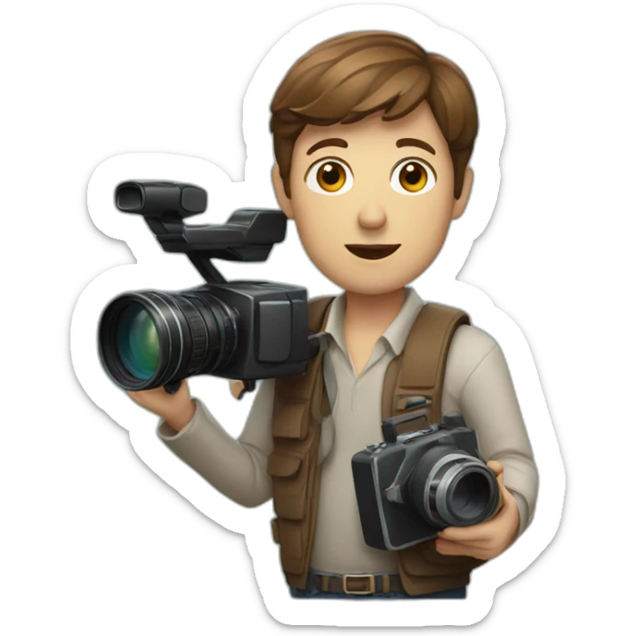 European film director with brown short hair holding a cinema camera sticker