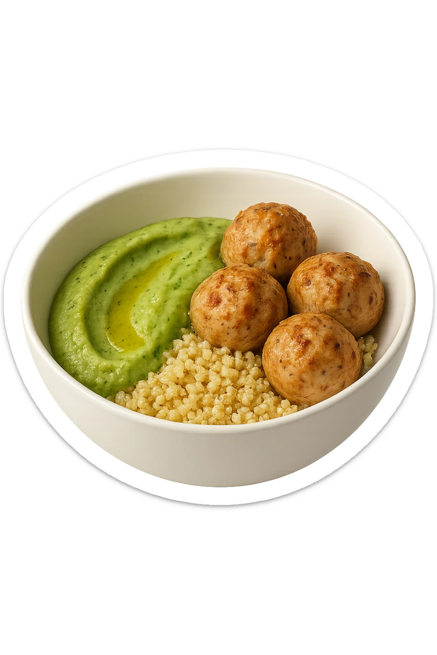 bowl bianca fluttua in aria con polpette di tacchino, purè di zucchine, quinoa e olio di oliva, iperrealistico 4k sticker
