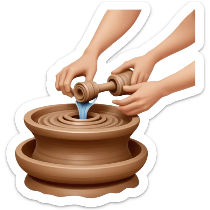Cinematic Realistic image of a ceramic pottery wheel in action, with skilled hands shaping wet clay into a graceful form, featuring intricate details of swirling textures and gentle water splashes, illuminated by soft, artisanal lighting sticker