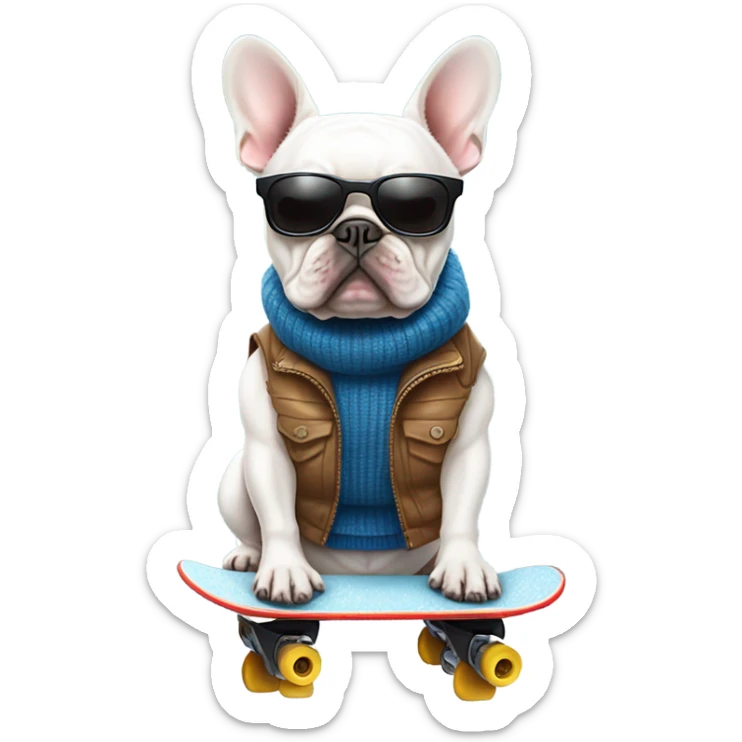 Pied french bulldog with sunglasses sweater vest and snow board sticker